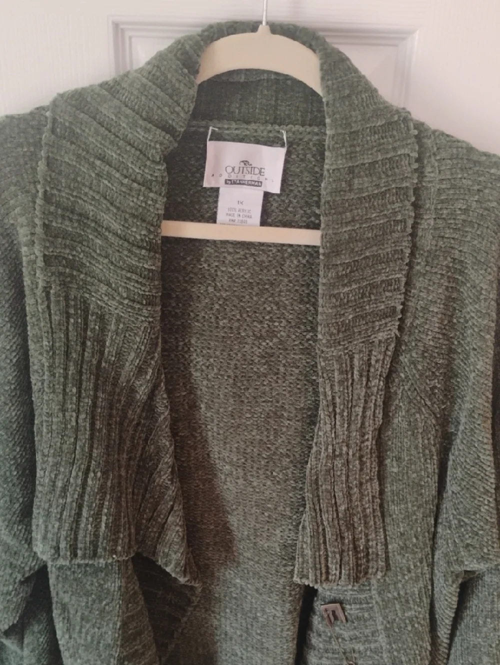 Stan Herman Outside Editions Marled Knit open-front duster cardigan in olive 1X - Picture 6 of 6